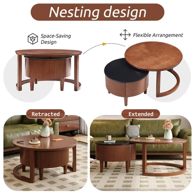 Farmhouse Nesting Coffee Table 31.5" & 22.8" Small Round Living Room Coffee Table With Drawer 2 Farmhouse Nesting Coffee Table 31.5" & 22.8" Small Round Living Room Coffee Table With Drawer - Image 2
