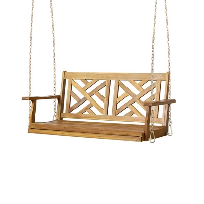 Outdoor Porch Swing Chair, Acacia Wood Swing Chair Bench With Hanging Chain, Outdoor Patio Hanging Bench Chair Furniture 2 Outdoor Porch Swing Chair, Acacia Wood Swing Chair Bench With Hanging Chain, Outdoor Patio Hanging Bench Chair Furniture - Image 2