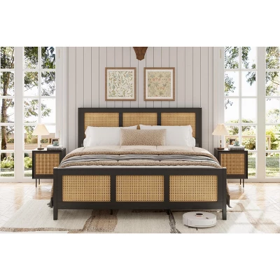 Rattan Bed Frame With Headboard, Boho Cane Platform Bed Frame With Strong Metal Slat,Black 1 Rattan Bed Frame With Headboard, Boho Cane Platform Bed Frame With Strong Metal Slat,Black