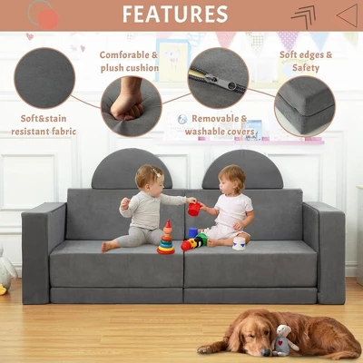 8Pcs Modular Kids Couch Sofa Set For Playroom Bedroom, Grey Comfort Toddler Convertible Sofa Foam Playset 2 8Pcs Modular Kids Couch Sofa Set For Playroom Bedroom, Grey Comfort Toddler Convertible Sofa Foam Playset - Image 2
