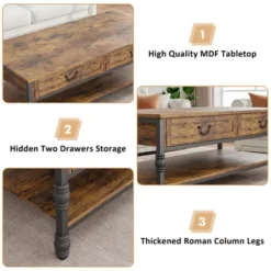 41" Rustic Coffee Table With 2 Storage Drawers, Rectangular Coffee Tables W/ Storage Shelf And Metal Legs, Wood Large Coffee Table For Living Room -Garvee Sales GUEST d23bafdd e4a3 4c90 8001 14836cb2ca72