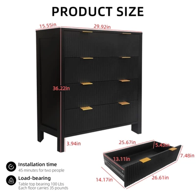 Fluted 4-Drawer Dresser, 30 Inch Large Modern Bedroom Closet Chest Of Drawers With Gold Handles 2 Fluted 4-Drawer Dresser, 30 Inch Large Modern Bedroom Closet Chest Of Drawers With Gold Handles - Image 2