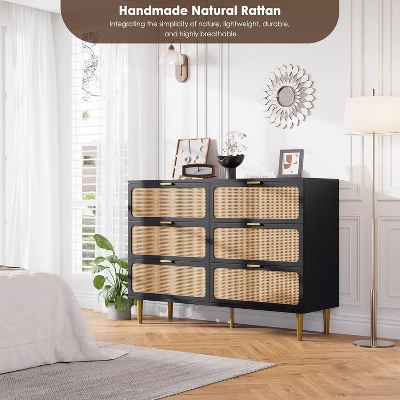 Rattan 6 Drawer Dresser For Bedroom, Large Double Dresser With Deep Drawers, Long Wooden Chest Of Drawers For Living Room, Hallway, Kids Room 6 Rattan 6 Drawer Dresser For Bedroom, Large Double Dresser With Deep Drawers, Long Wooden Chest Of Drawers For Living Room, Hallway, Kids Room - Image 6