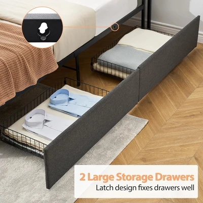 Whizmax Four Size Bed Frame With 2 Storage Drawers And Charging Station, Rustic Linen Upholstered Platform Bed Frame With Storage Headboard, Gray 4 Whizmax Four Size Bed Frame With 2 Storage Drawers And Charging Station, Rustic Linen Upholstered Platform Bed Frame With Storage Headboard, Gray - Image 4