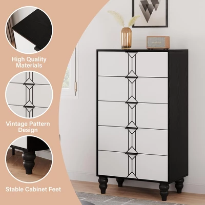 Modern Wooden 5 Drawer Dresser With Vintage Pattern Design, Tall Dresser With Deep Drawers For Bedroom, Living Room And Entryway, Oak And Gold 4 Modern Wooden 5 Drawer Dresser With Vintage Pattern Design, Tall Dresser With Deep Drawers For Bedroom, Living Room And Entryway, Oak And Gold - Image 4