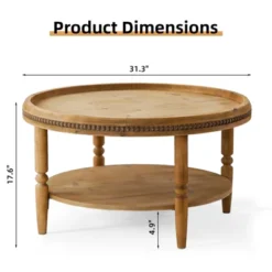 31'' Modern Round Coffee Table, 2 Tier Wooden Center Table With Beaded Trim, Accent Cocktail End Table For Living Room Bedroom Office Brown