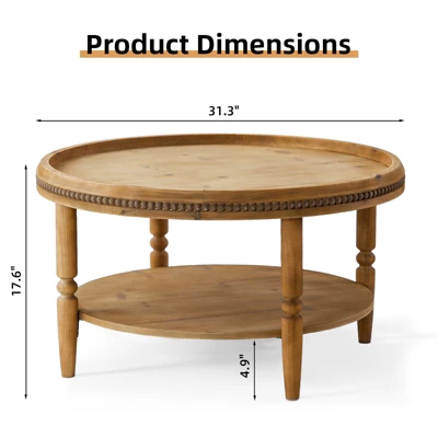31'' Modern Round Coffee Table, 2 Tier Wooden Center Table With Beaded Trim, Accent Cocktail End Table For Living Room Bedroom Office Brown 1 31'' Modern Round Coffee Table, 2 Tier Wooden Center Table With Beaded Trim, Accent Cocktail End Table For Living Room Bedroom Office Brown