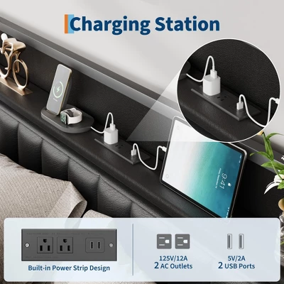 Full Size Bed Frame, Button Headboard With Charging Station, All-Metal Full Platform Bed Frame With Storage, No Box Spring Needed, Black 3 Full Size Bed Frame, Button Headboard With Charging Station, All-Metal Full Platform Bed Frame With Storage, No Box Spring Needed, Black - Image 3