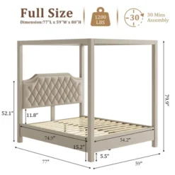 Canopy Bed Frame With Upholstered Headboard, Four Poster Design, Button Tufted, And Slide Rail, No Box Spring Required, Wooden Slatted Structure