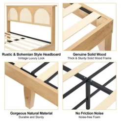 Bed Frame With Natural Rattan Headboard, Boho Wooden Platform Bed With Strong Wooden Slats, Noise-Free, No Box Spring Needed, Arch 12 Bed Frame With Natural Rattan Headboard, Boho Wooden Platform Bed With Strong Wooden Slats, Noise-Free, No Box Spring Needed, Arch -Garvee Sales GUEST d392cb52 7de4 4a66 802c ee230d3c3278