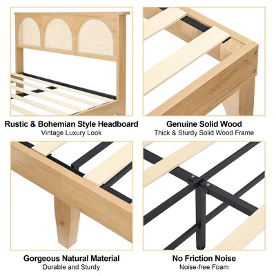 Bed Frame With Natural Rattan Headboard, Boho Wooden Platform Bed With Strong Wooden Slats, Noise-Free, No Box Spring Needed, Arch 6 Bed Frame With Natural Rattan Headboard, Boho Wooden Platform Bed With Strong Wooden Slats, Noise-Free, No Box Spring Needed, Arch - Image 6