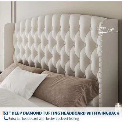 51" Tall Queen/King Size Velvet Upholstered Platform Bed Frame With Button Tufted Wingback Headboard & Footboard, No Box Spring Needed 3 51" Tall Queen/King Size Velvet Upholstered Platform Bed Frame With Button Tufted Wingback Headboard & Footboard, No Box Spring Needed - Image 3