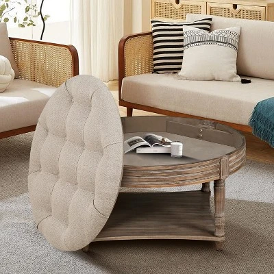 Large Round Ottoman Coffee Table,2 Tier Oversized Button Tufted Ottoman With Wooden Shelf Storage Farmhouse Upholstered Coffee Table 2 Large Round Ottoman Coffee Table,2 Tier Oversized Button Tufted Ottoman With Wooden Shelf Storage Farmhouse Upholstered Coffee Table - Image 2
