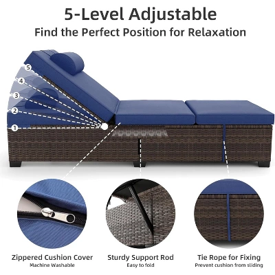 Lounge Chair Outdoor, PE Rattan Wicker Pool Lounge Chairs Set Of 2 With Adjustable Backrest, Cushion, Cup Holder, For Poolside, Deck, Gray-Beige 5 Lounge Chair Outdoor, PE Rattan Wicker Pool Lounge Chairs Set Of 2 With Adjustable Backrest, Cushion, Cup Holder, For Poolside, Deck, Gray-Beige - Image 5