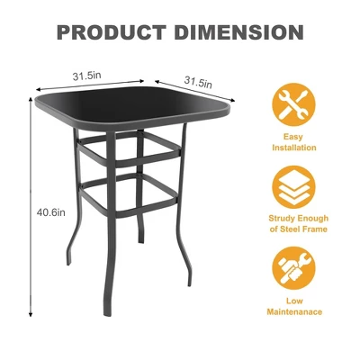 Garvee Outdoor Square Bar Table With Tempered Glass Top, Metal Frame Pub Height Bistro Table For Balcony, Patio, Poolside 1 Garvee Outdoor Square Bar Table With Tempered Glass Top, Metal Frame Pub Height Bistro Table For Balcony, Patio, Poolside