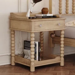 Retro Style Nightstand With Drawer And Open Shelf For Bedroom, Bedside Table With Turned Legs And Metal Handle 14 Retro Style Nightstand With Drawer And Open Shelf For Bedroom, Bedside Table With Turned Legs And Metal Handle -Garvee Sales GUEST d5fa1b48 ca47 443e 9a04 08d6c25212e4