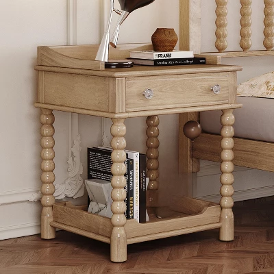 Retro Style Nightstand With Drawer And Open Shelf For Bedroom, Bedside Table With Turned Legs And Metal Handle 6 Retro Style Nightstand With Drawer And Open Shelf For Bedroom, Bedside Table With Turned Legs And Metal Handle - Image 6