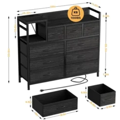 Dresser TV Stand With Power Outlet, Bedroom Dresser With 9 Drawers, Chest Of Drawers, Steel Frame Storage Closet For Living Room Hallway