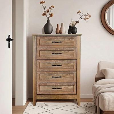 Garvee 5 Drawer Dresser, Farmhouse Tall Dresser For Closet, Rustic Chest Of Drawer With Wide Metal Handles, Wood Dressers Organizer For Bedroom 8 Garvee 5 Drawer Dresser, Farmhouse Tall Dresser For Closet, Rustic Chest Of Drawer With Wide Metal Handles, Wood Dressers Organizer For Bedroom - Image 8