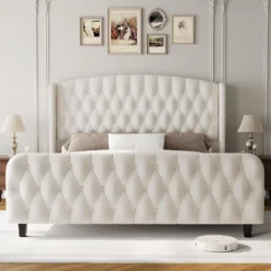51" Tall Queen/King Size Velvet Upholstered Platform Bed Frame With Button Tufted Wingback Headboard & Footboard, No Box Spring Needed