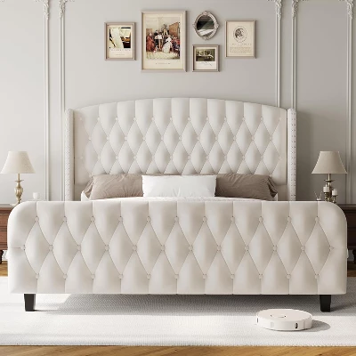 51" Tall Queen/King Size Velvet Upholstered Platform Bed Frame With Button Tufted Wingback Headboard & Footboard, No Box Spring Needed 1 51" Tall Queen/King Size Velvet Upholstered Platform Bed Frame With Button Tufted Wingback Headboard & Footboard, No Box Spring Needed