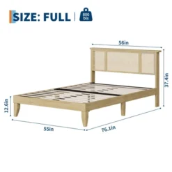 Garvee Bed Frame With Natural Rattan Headboard, Wood Slat Support, Metal Base