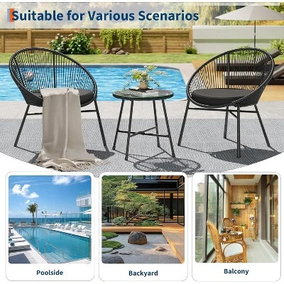 3 Pieces Outdoor Acapulco Chair Patio Bistro Set With Glass Top Table, Modern Patio Conversation Chairs Set Of 2 For Balcony, Garden, Backyard 2 3 Pieces Outdoor Acapulco Chair Patio Bistro Set With Glass Top Table, Modern Patio Conversation Chairs Set Of 2 For Balcony, Garden, Backyard - Image 2