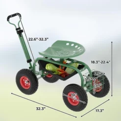 Heavy-Duty Rolling Garden Cart With Swivel Seat & Tool Tray,All-Terrain Wheels, Adjustable Height,for Planting, Weeding, And Yard Work,steel