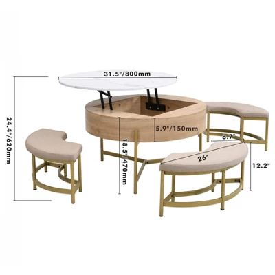 Lift Top Coffee Table With 3 Ottoman, Modern Round Center Table With Hidden Storage, Wood Cocktail Table For Living Room Bedroom Office 2 Lift Top Coffee Table With 3 Ottoman, Modern Round Center Table With Hidden Storage, Wood Cocktail Table For Living Room Bedroom Office - Image 2