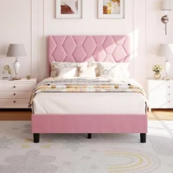 Twin/Full/Queen/King Size Bed Frame With Upholstered Headboard, Wood Slat Platform, No Box Spring Needed, Noise-Free, Easy Assembly, Pink