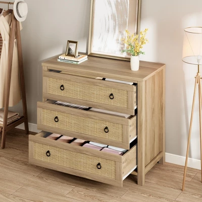 Freestanding Rattan Cabinet Dresser With Anti-Tip Design And Storage Drawer, Wooden Closet Dressers Chest For Bedroom, Living Room, Natural Wood 3 Freestanding Rattan Cabinet Dresser With Anti-Tip Design And Storage Drawer, Wooden Closet Dressers Chest For Bedroom, Living Room, Natural Wood - Image 3
