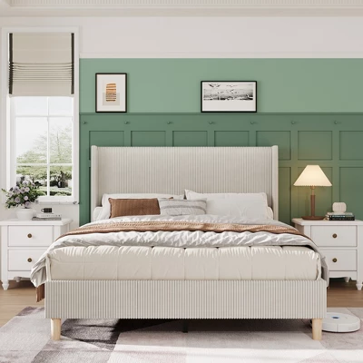 Bed Frame, Corduroy Upholstered Queen Bed Frame With Wingback Headboard, No Box Spring Needed, Solid Wooden Slats, Noise Free 8 Bed Frame, Corduroy Upholstered Queen Bed Frame With Wingback Headboard, No Box Spring Needed, Solid Wooden Slats, Noise Free - Image 8