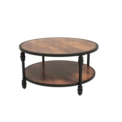 2-Tier Round Wood Coffee Table With Storage Shelf & Roman Column Metal Frame – Rustic Circle Center Table 3 2-Tier Round Wood Coffee Table With Storage Shelf & Roman Column Metal Frame – Rustic Circle Center Table - Image 3