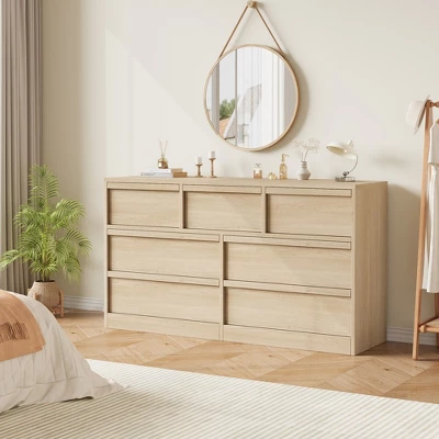 Garvee 7 Drawer Dresser For Bedroom, Natural Double Dresser Organizer With Concave Handles, Modern Chest Of Drawers For Bedroom, Living Room, Nursery 2 Garvee 7 Drawer Dresser For Bedroom, Natural Double Dresser Organizer With Concave Handles, Modern Chest Of Drawers For Bedroom, Living Room, Nursery - Image 2