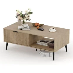 2-Tiers Coffee Table, 41.34''L Farmhouse Coffee Tables With Storage And Sliding Wave Pattern Door, Modren Tea Table, Wood -Garvee Sales GUEST d814ab87 1766 4041 9dc1 e371ee4367f4