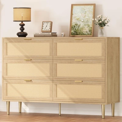 Garvee 6 Drawer Rattan Dresser With Gold Legs And Handles, Wide Double Storage Chest With Anti-Tipping Design For Bedroom Or Living Room 7 Garvee 6 Drawer Rattan Dresser With Gold Legs And Handles, Wide Double Storage Chest With Anti-Tipping Design For Bedroom Or Living Room - Image 7