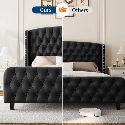 Bed Frame With Deep Button Tufted Wingback Headboard And Footboard, Velvet Upholstered Platform Frame, No Box Spring, Easy Assembly 5 Bed Frame With Deep Button Tufted Wingback Headboard And Footboard, Velvet Upholstered Platform Frame, No Box Spring, Easy Assembly - Image 5