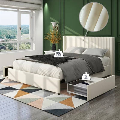 Queen Size Platform Bed Frame, 2-Drawer Storage Bed Frame Queen Size Velvet Upholstered Wingback Platform Bed, With Headboard, No Box Spring Needed 1 Queen Size Platform Bed Frame, 2-Drawer Storage Bed Frame Queen Size Velvet Upholstered Wingback Platform Bed, With Headboard, No Box Spring Needed