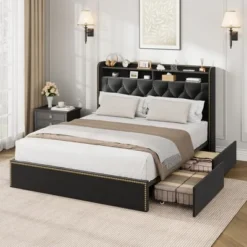 Garvee Upholstered Queen Size Bed Frame With 4 Drawers, Black Velvet Queen Platform With Tufted Headboard And Nailhead Design, No Box Spring Needed -Garvee Sales GUEST d9dfa986 d286 47ac 8db8 865cfd57f696