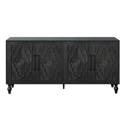 Sideboard Buffet, Wood Floor Cabinet With Carved Flower Door, Metal Handle, Freestanding Sideboard 3 Sideboard Buffet, Wood Floor Cabinet With Carved Flower Door, Metal Handle, Freestanding Sideboard - Image 3