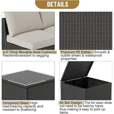 8 Piece Patio Furniture Set, Natural Rattan Wicker Outdoor Sectional With Cream Cushions, Glass Top Table & Hidden Storage 4 8 Piece Patio Furniture Set, Natural Rattan Wicker Outdoor Sectional With Cream Cushions, Glass Top Table & Hidden Storage - Image 4