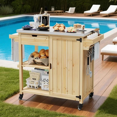 Outdoor Grill Cart, Solid Wood BBQ Cart Prep Table, Portable Rolling Kitchen Island With Stainless Steel Top, Drawer, & Open Shelves 6 Outdoor Grill Cart, Solid Wood BBQ Cart Prep Table, Portable Rolling Kitchen Island With Stainless Steel Top, Drawer, & Open Shelves - Image 6