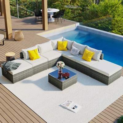 8-Pieces Patio Furniture Set, Sectional Couch With 2 Ottomans, Coffee Table, Corner Sofa, 4 Single Sofa, Anti Slip Feet, For Garden, Beige 1 8-Pieces Patio Furniture Set, Sectional Couch With 2 Ottomans, Coffee Table, Corner Sofa, 4 Single Sofa, Anti Slip Feet, For Garden, Beige