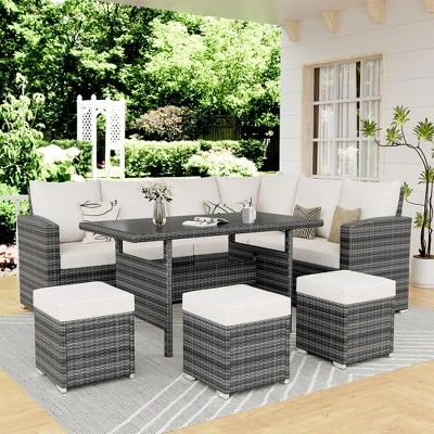 Whizmax 7-Piece Outdoor Sectional Sofa Set With Rattan Dining Table & Ottoman, Patio Furniture For Garden, Backyard 7 Whizmax 7-Piece Outdoor Sectional Sofa Set With Rattan Dining Table & Ottoman, Patio Furniture For Garden, Backyard - Image 7