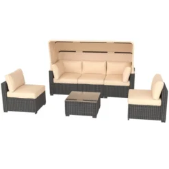 Patio Furniture Sets 6 Pieces, PE Rattan Daybed With Retractable Canopy& Adjustable Backrest Outdoor Sectional Furniture With Glass Coffee Table -Garvee Sales GUEST dbd225bd ffa7 46df 893f 5c665c920bd5