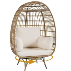 Oversize 360Swivel Egg Chair Patio Rattan Egg Basket Lounge Chair, Steel Frame Stand And 4 Cushions For Patio, Porch,Living Room