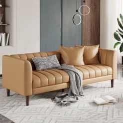 Faux Leather Sofa Couch, Modern 78" W Sofa With Deep Seats, 3 Seater Sofa Couch With 2 Throw Pillows And Wood Legs, For Living Room -Garvee Sales GUEST dc601579 8d31 4ec1 8999 ec05d4f6f608