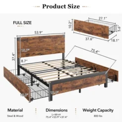 Full Size Platform Bed Frame With Headboard, 4 Storage Drawers, Sturdy Quiet Metal Frame, No Box Spring Needed, Easy Assembly