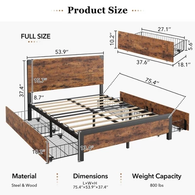 Full Size Platform Bed Frame With Headboard, 4 Storage Drawers, Sturdy Quiet Metal Frame, No Box Spring Needed, Easy Assembly 1 Full Size Platform Bed Frame With Headboard, 4 Storage Drawers, Sturdy Quiet Metal Frame, No Box Spring Needed, Easy Assembly