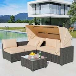 Garvee 6-Piece Outdoor Patio Furniture Set With Modern Rattan Wicker, Rattan Daybed With Retractable Canopy For Garden, Deck, And Backyard